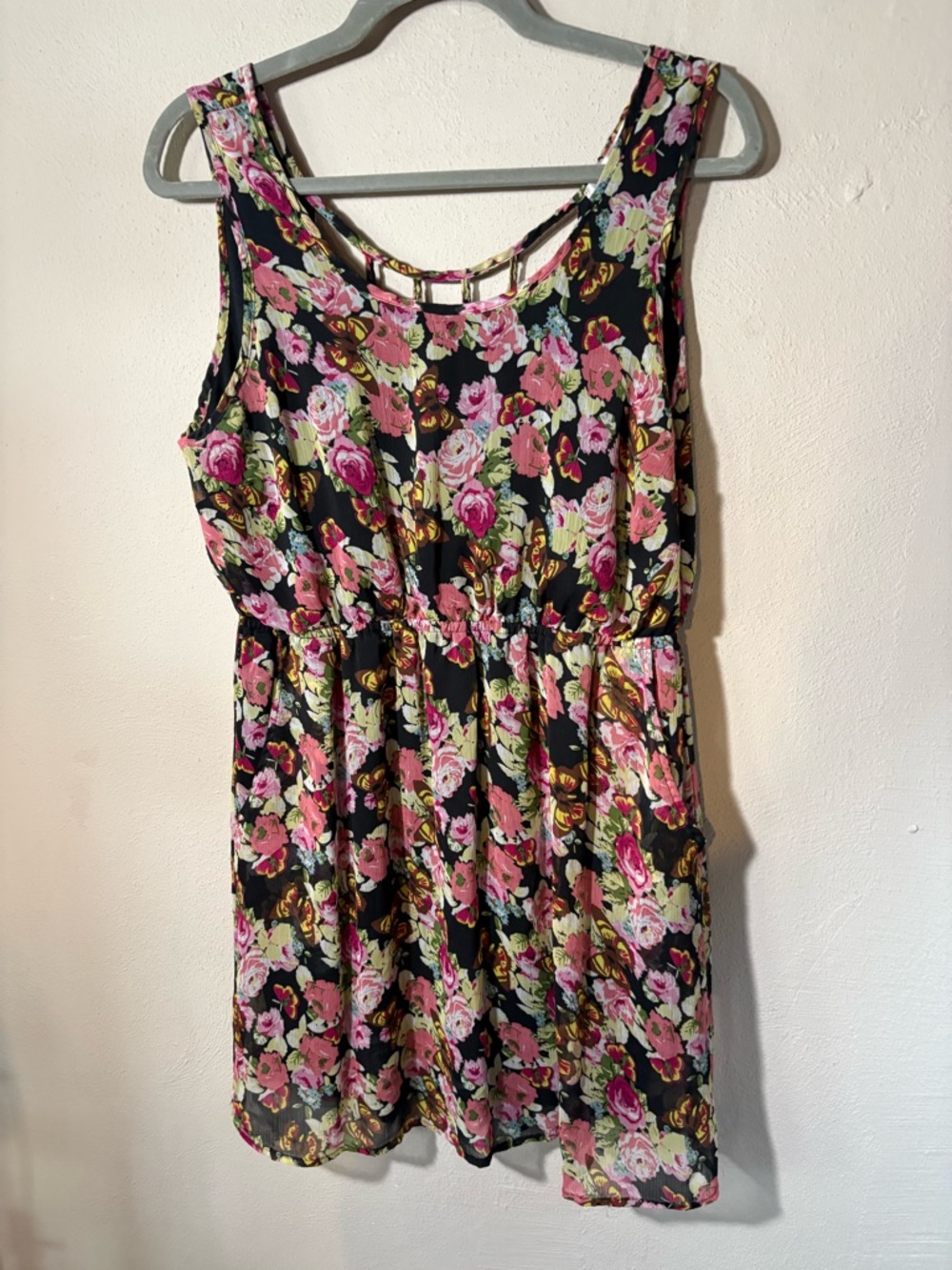 Band of Gypsies Black Floral Mini Dress with Pink Roses